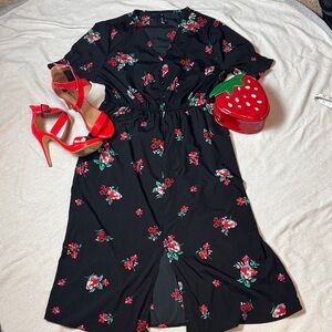 Elegant Black Midi Dress with Red Floral Accents